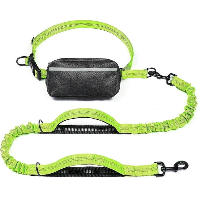 Hands Free Dog Leash with Zipper Pouch, Dual Padded Handles and Durable Bungee for Walking, Jogging and Running Your Dog (Medium, 8-25 lbs, Green)
