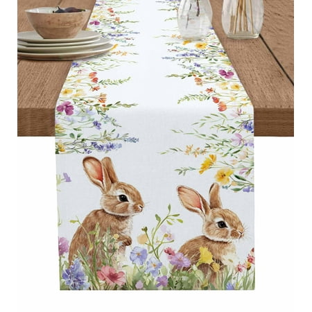 

Table Runner Dresser Scarf 13 x 90 Inch Spring Easter Bunny Rabbits Wildflowers Flowers Leaves Table Runners Non-Slip Heat Kitchen Dining Table Decor for Indoor Outdoor Home Party Decoration
