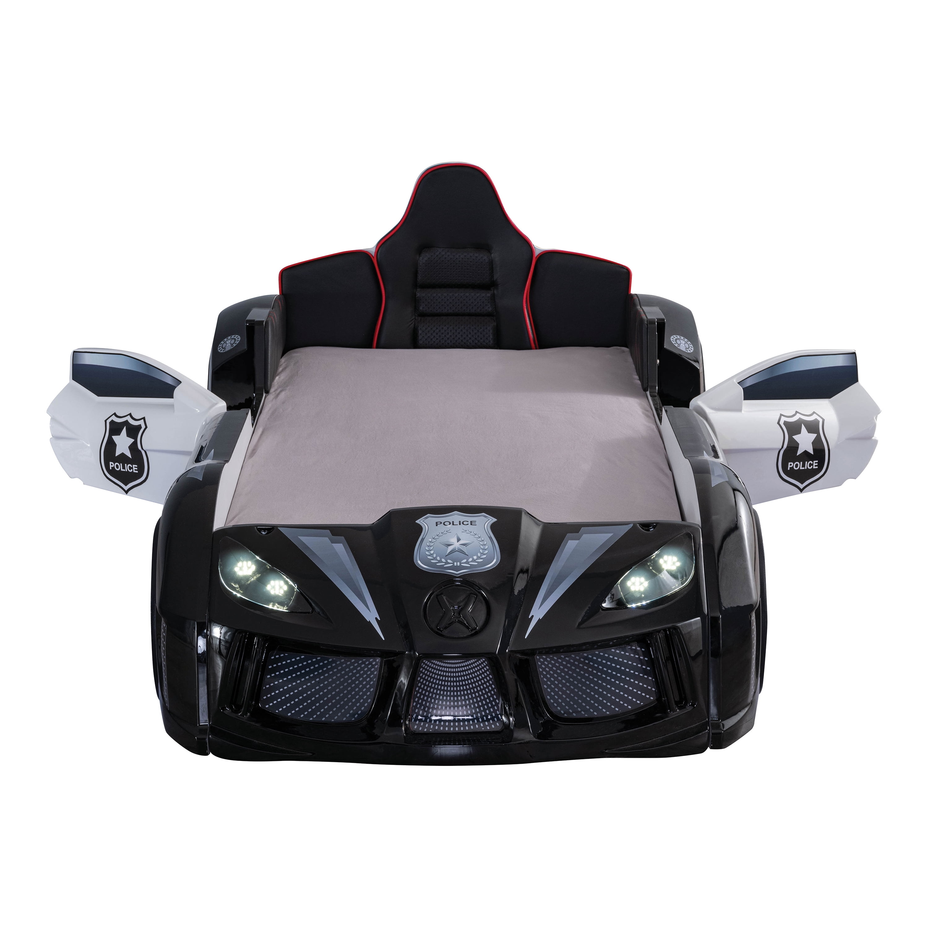 Furniture of America Dash Kids Plastic Twin Race Car Bed with LED and Sound, Black and White