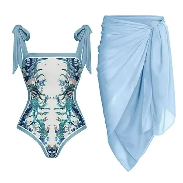 Maillot de Bain une Pièce pour Femmes avec Jupe de Plage Paréo Imprimé Floral Rétro Ensemble Bikini Deux Pièces