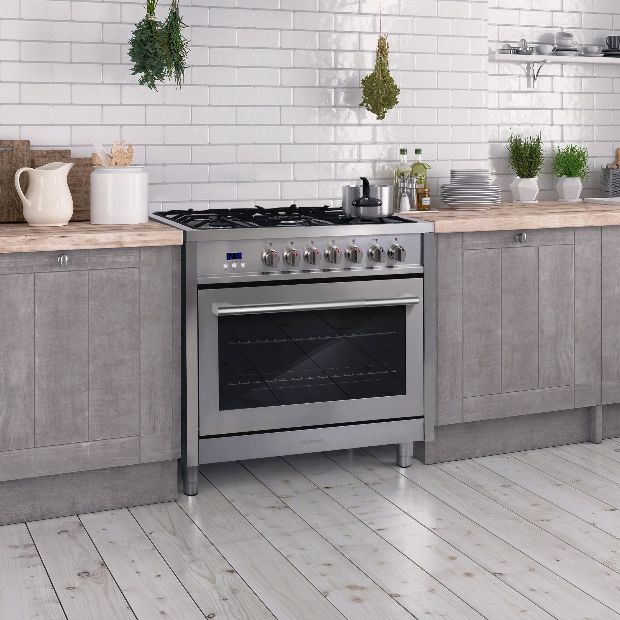 Cosmo 36 in. Stellar Collection 4.4 cu. ft. Dual Fuel Range, 5 Burners, Convection Oven, Textured Grip Handle, Stainless Steel