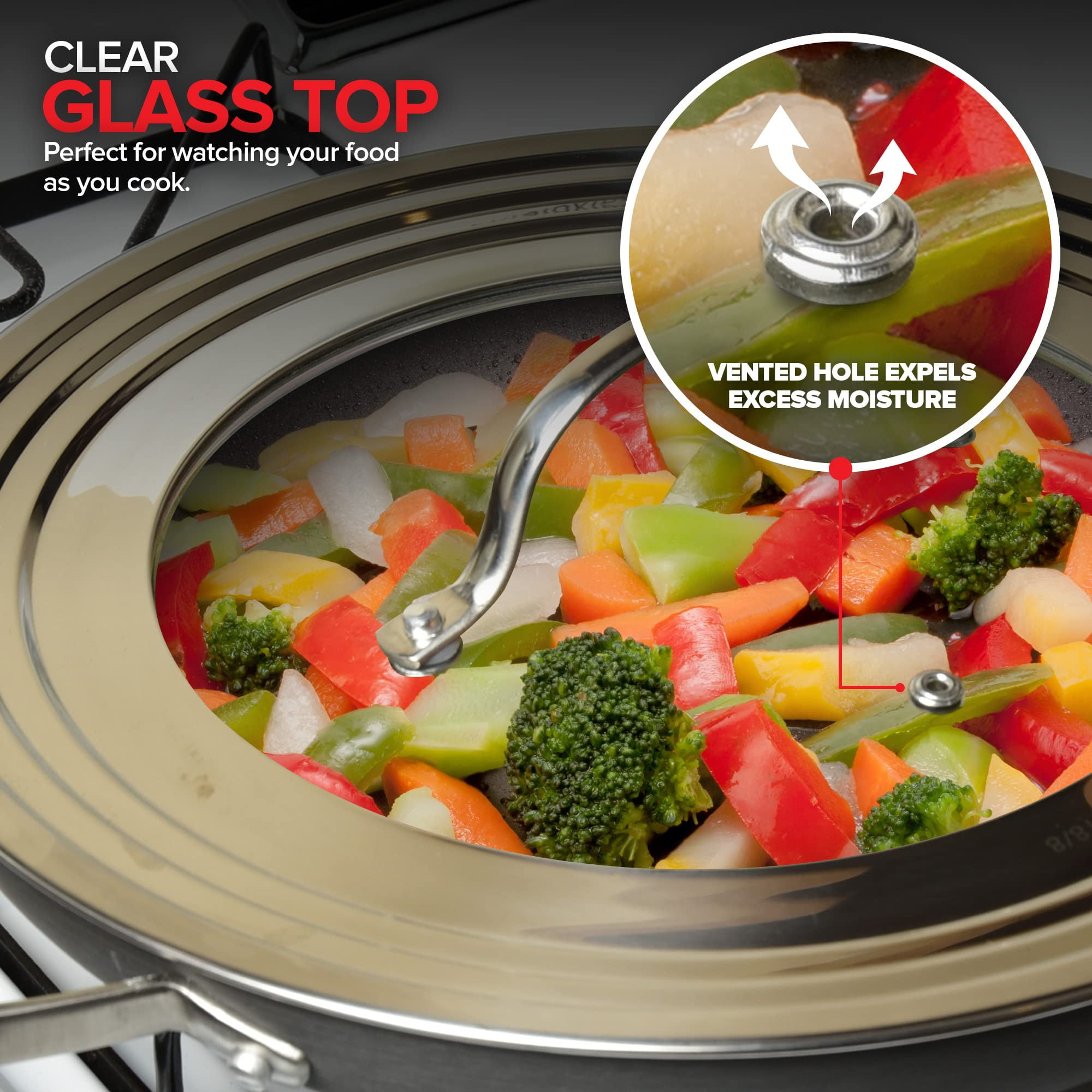 Modern Innovations Universal Lids with Tempered Glass (2 Pack), Fits 8.25 to 12 Inch Pots and Pans, Replacement Frying Pan Covers and Cast Iron Skillet Lids with Stainless Steel Rim