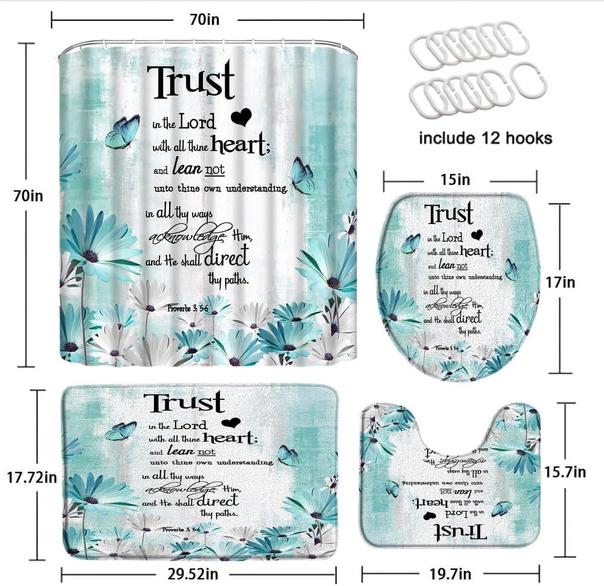 4 Piece Teal Grey Flower Shower Curtain Sets with Rugs, Toilet Lid Cover, Rustic Daisy Butterfly Inspirational Quotes Trust in The Lord Verse Farmhouse Art Bathroom Shower Curtain with 12 Hooks