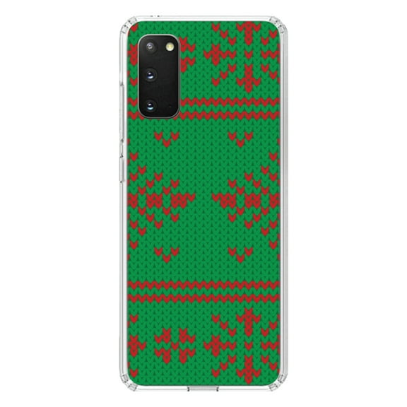 DistinctInk Clear Shockproof Hybrid Case for Galaxy S20 / S20 5G (6.2" Screen) - TPU Bumper, Acrylic Back, Tempered Glass Screen Protector - Green Red Ugly Christmas Sweater - Christmas All Year