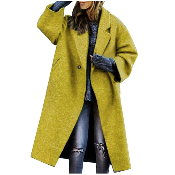 Usmixi Weekly Deals Wool Jacket for Women Womens Woolen Overcoat Plus Size Casual Solid Open Front Long Coat Long Sleeve Button Lapel Trench Coat Outwear with Pocket Winter Wool Jacket