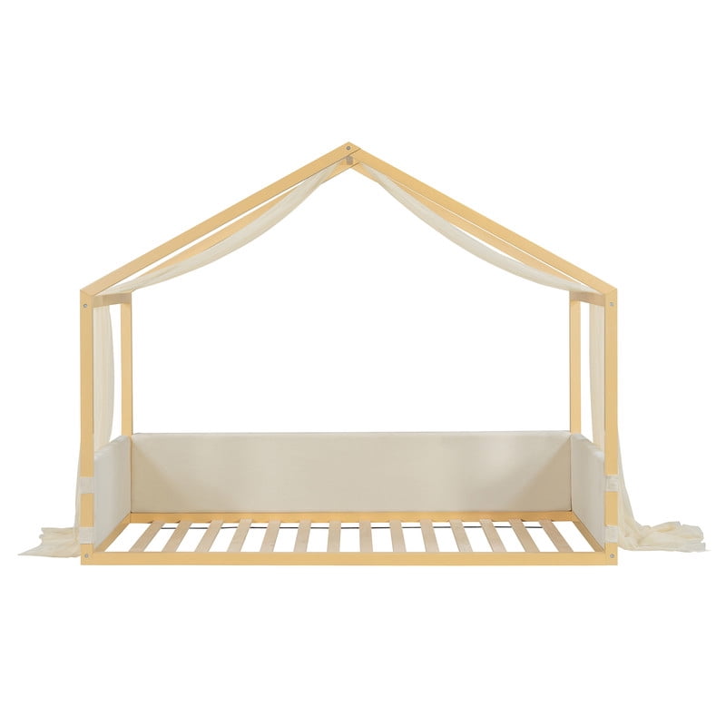 Twin Size Canopy Bed with Upholstered Velvet Side Panels and Breathable Gauze Canopy, Soft-Padded Platform Bed Floor Bed Kids Montessori Bed for Bedroom