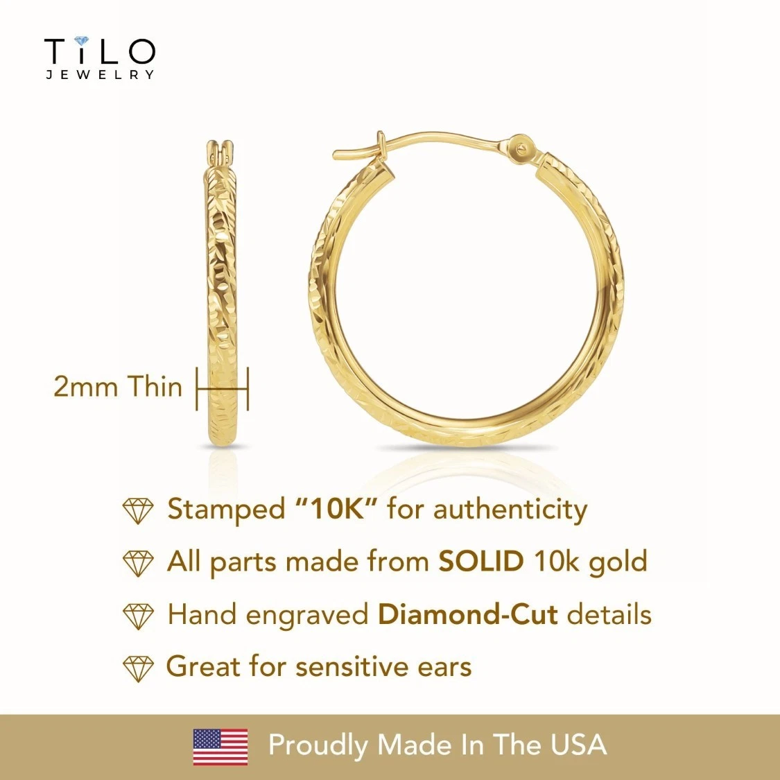 Tilo Jewelry 10K Yellow Gold Round Hoop Earrings with Diamond-Cut Engraving for Women, Men, Unisex | 13mm - 0.5 Inch