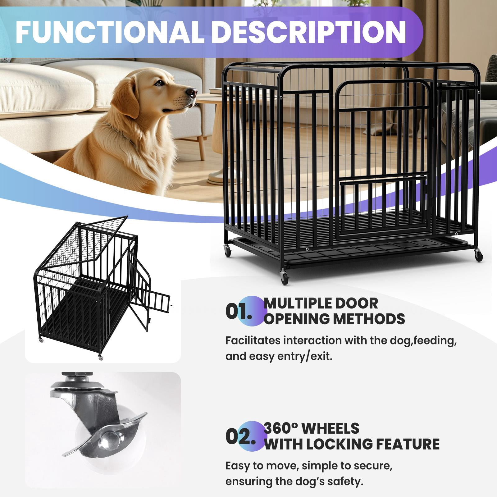 Tanfengu Dog Cage with Locking Wheels, 36.4in Black Alloy Steel Dog Crate, Top & Side Door Kennel for Small Medium Dogs, Indoor Outdoor