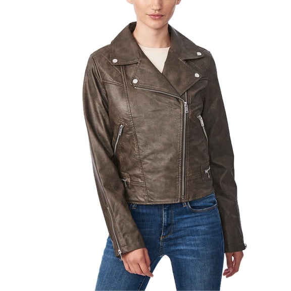 Collection B Womens Clay Brown Juniors Faux-Leather Zip Moto Jacket Size XS $89