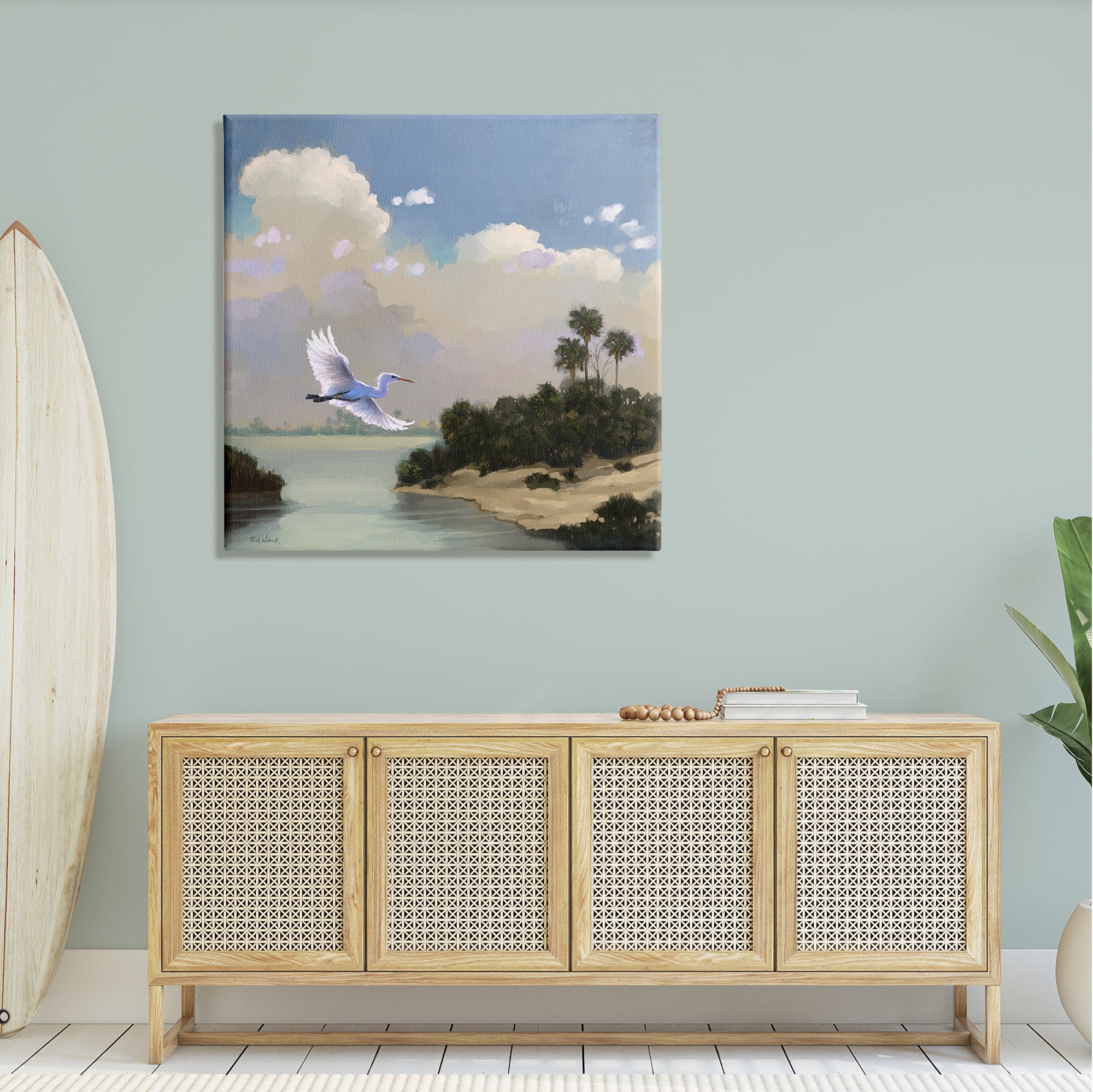 Stupell Heron Flying Over Coastal Inlet Nature Landscape Painting Gallery Wrapped Canvas Print Wall Art