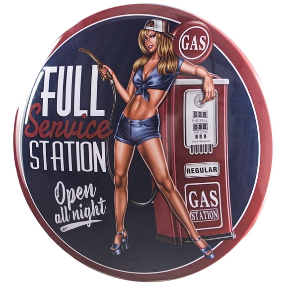 American Art Decor Gas Station Pinup Girl 15" Dome Metal Sign - Room Decor for Bar, Man Cave, Garage, Game Room & More