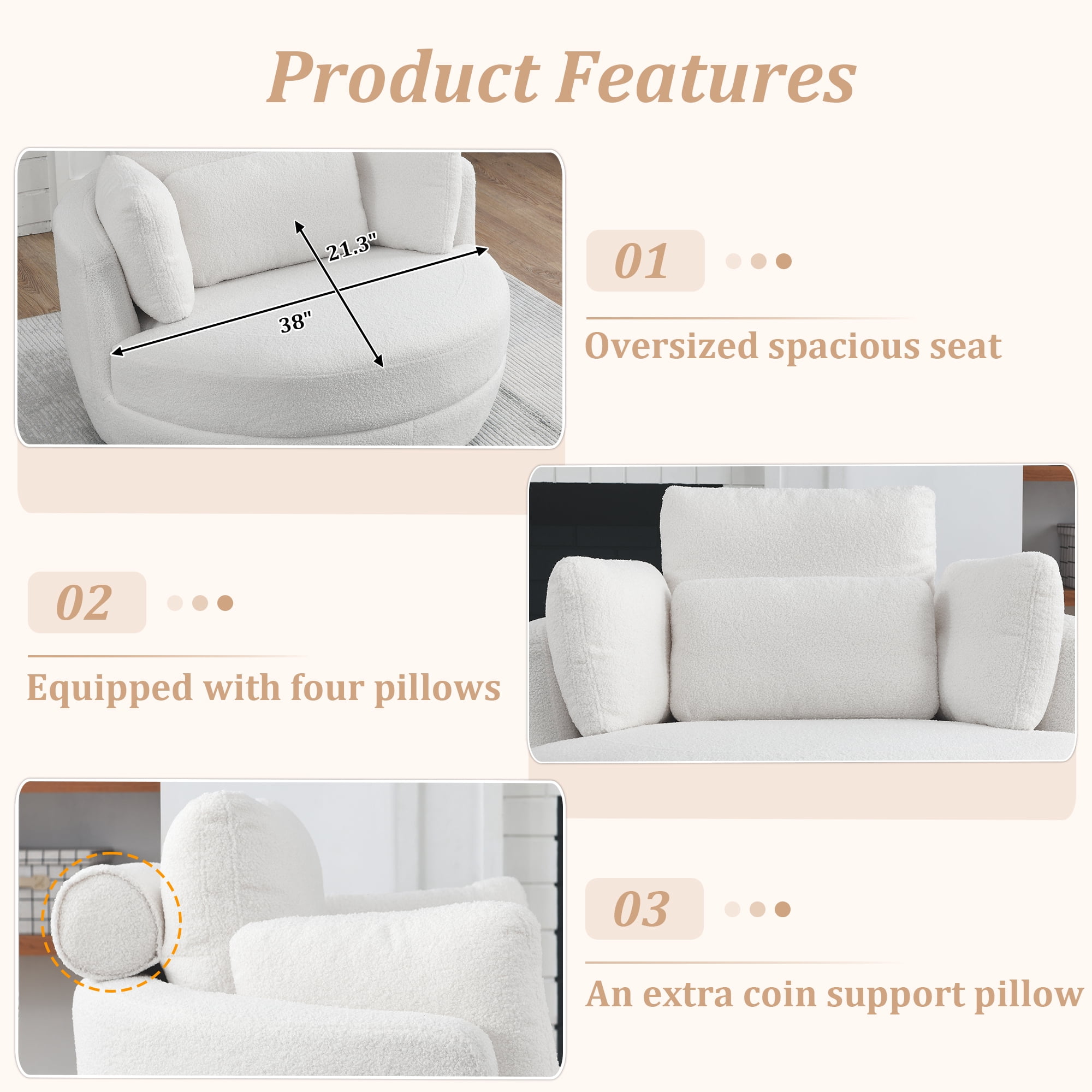 Dinosisco 39"W Oversized Swivel Accent Barrel Chair with Storage Ottoman, Ivory Teddy