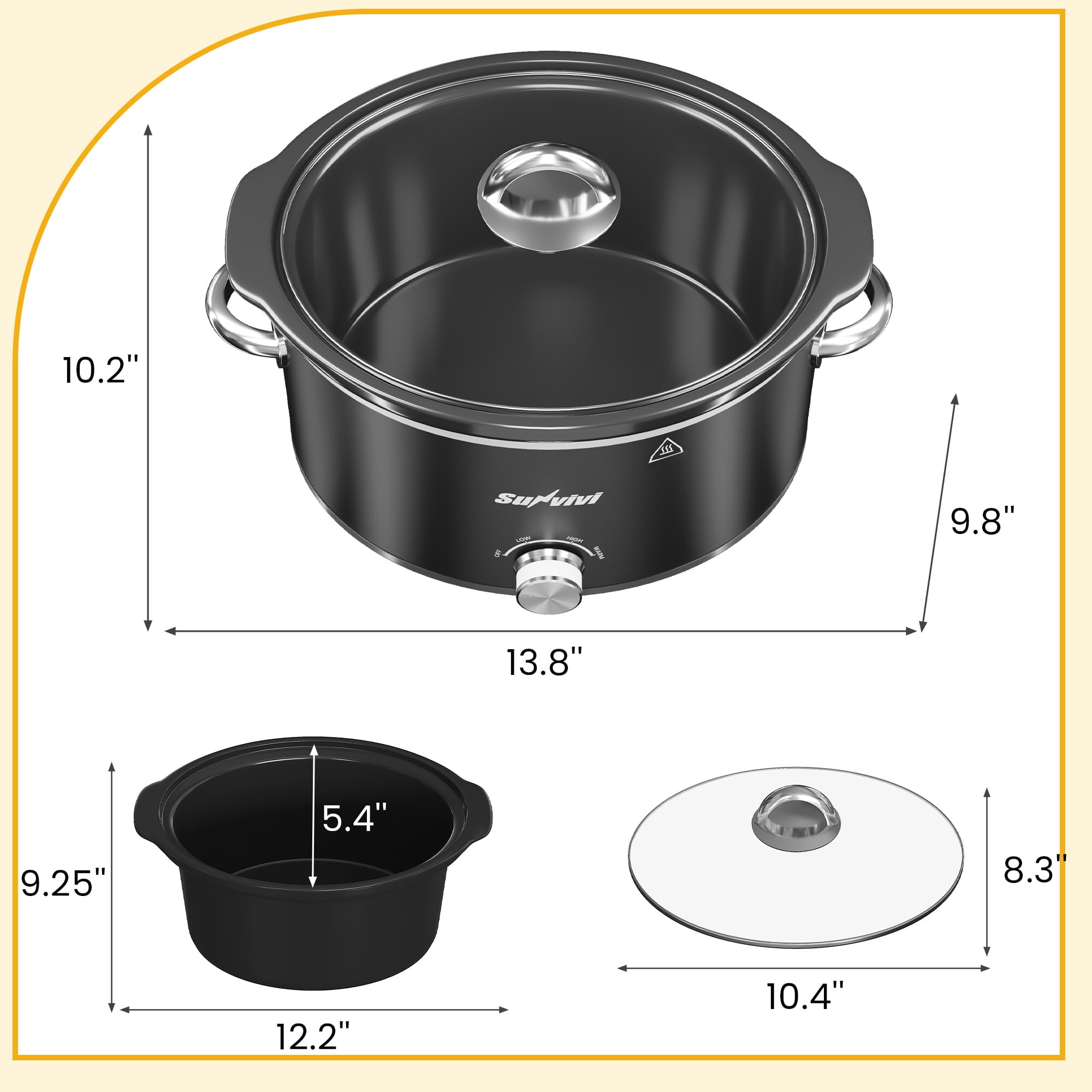 SUNVIVI Small Slow Cooker 4QT, Mini Food Warmer with 3 Heating Settings, Removable Ceramic Pot, Dishwasher Safe Glass Lid, Stainless Steel