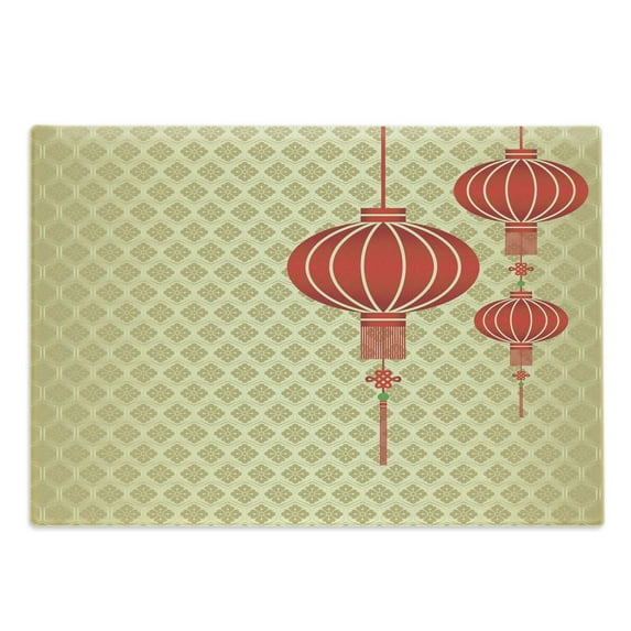 Lantern Cutting Board, Lanterns with Baroque Repeating Pattern Background New Year Celebration Art, Decorative Tempered Glass Cutting and Serving Board, Large Size, Earth Yellow Red, by Ambesonne