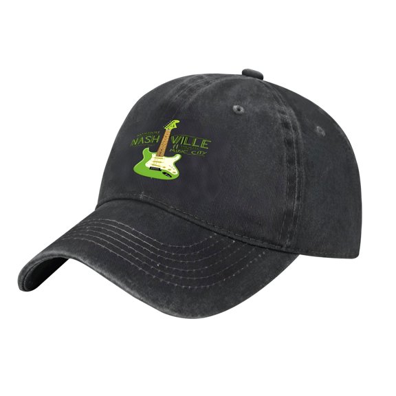Adjustable Vintage Cotton Washed Distressed Baseball Cap - Black Denim with Green Electric Guitar Graphic ' Nashville ' & ' Music City '