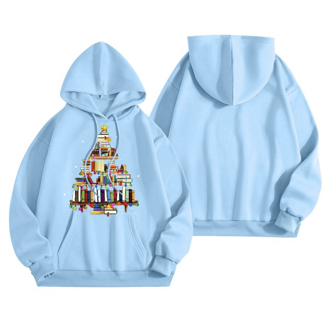 WILLBEST Sudaderas de Mujer Camiseta Navideña para Mujer Sudadera con Capucha Divertida con Árbol de Navidad y Libros Sudadera con Capucha para Amantes de Los Libros y Profesores XX-Grande