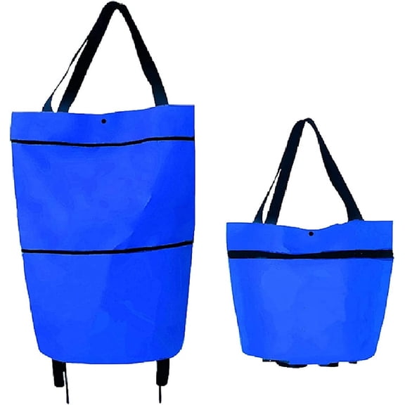 2-in-1 Foldable Shopping Bag with Wheels, Lightweight Oxford Cloth Rolling Grocery Cart, Reusable Collapsible Tote(B Blue)