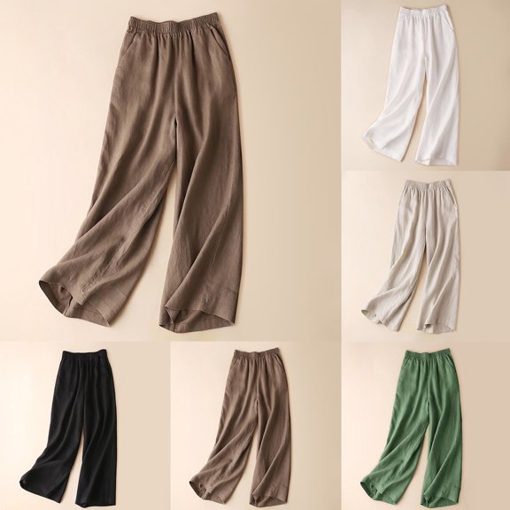 JJHGVB Women Cotton Pants Workout Outdoor Trousers Full Length Pants Beach Palazzo Pants Straight Leg Comfy Work Trousers Casual Pants with Pockets Plus Size Wide-leg Woman Sweatpants Beige L