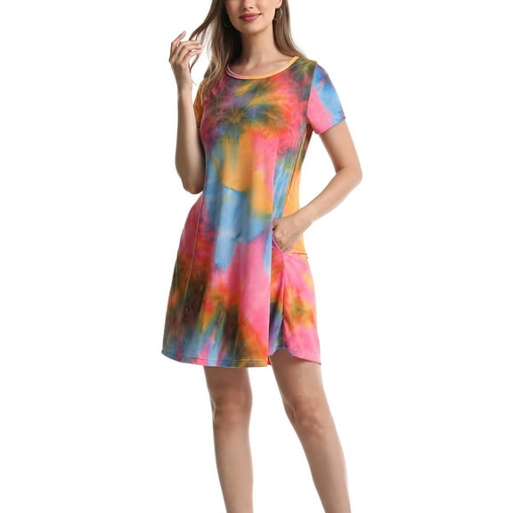 Women Casual Tie Dye Crewneck Short Sleeve Pockets Swing T-Shirt Dress