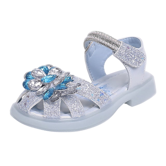 GiLiling Girls' Closed-Toe Princess Sandals, Glitter Rhinestone Flower Adjustable Pearl Ankle Strap, Low Heel Non-Slip Sole Summer Dress Sandals (Blue, 3-3.5 Years)