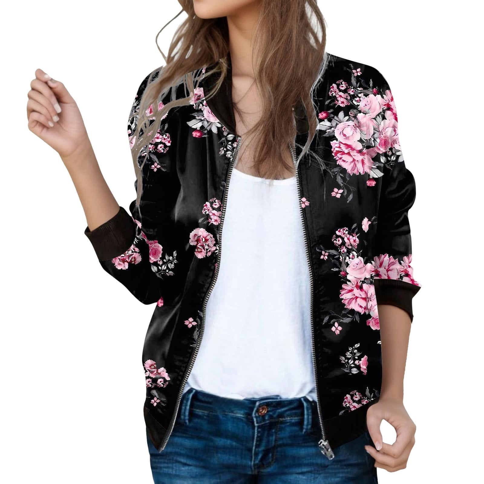 Women's Casual Floral Print Lightweight Zip Up Jacket Stand Collar