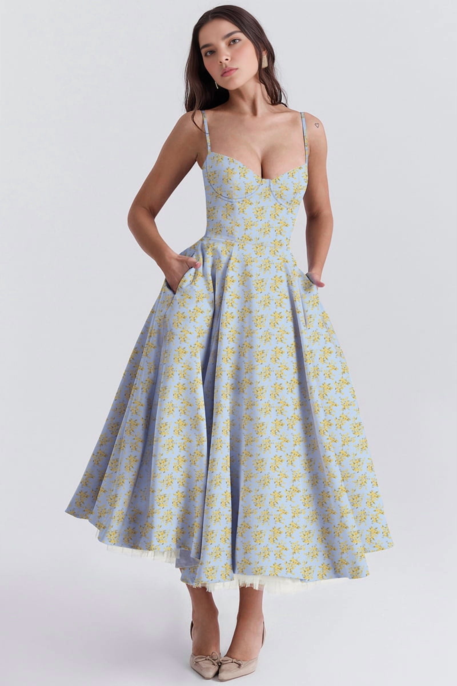 Wedding Guest Dresses for Women Spaghetti Straps Corset Homecoming Floral Lace Maxi Prom Dresses Blue Bottom L