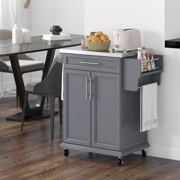 Barara King Kitchen Island, Kitchen Storage Island,Kitchen Island on Wheels, Rolling Kitchen Cart with Stainless Steel Countertop, Drawer, Gray