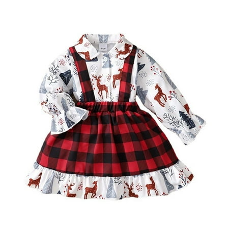 

Binmer Autumn Winter Baby Girls Christmas Pattern Red And Black Plaid Long-Sleeved Shirt Suspender Skirt Suit