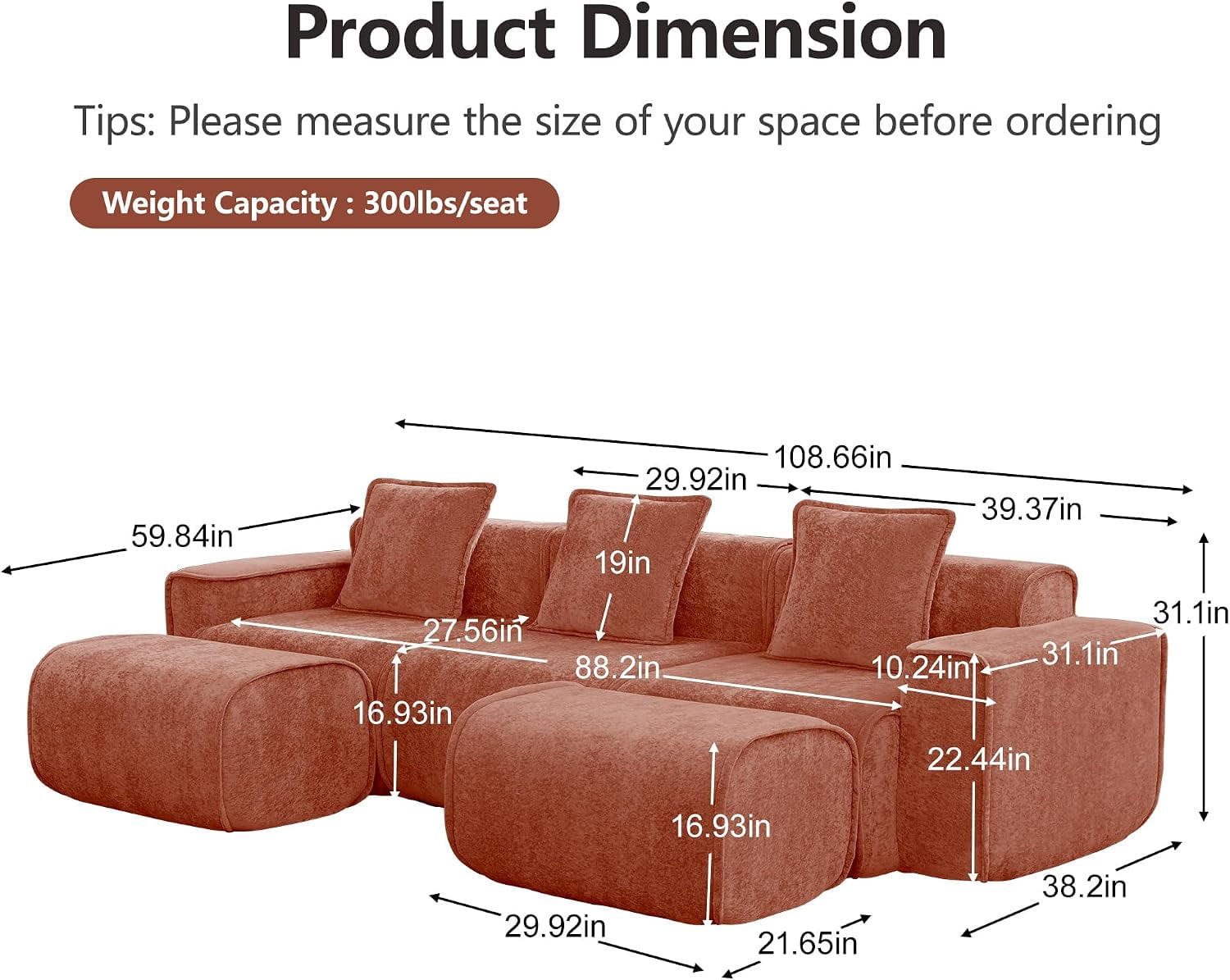 109" 3-Seat Modular U-Shaped Sectional Sofa, Red Velvet with 2 Movable Ottomans & Throw Pillows, No Assembly Required