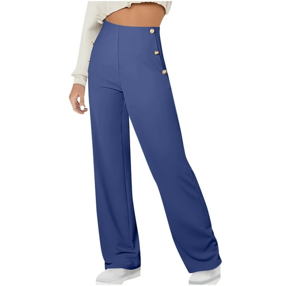 Fmbrln Womens Straight Leg Pants Casual Button Stretchy Waist Office Business Work Pants Dressy Pants Blue XL
