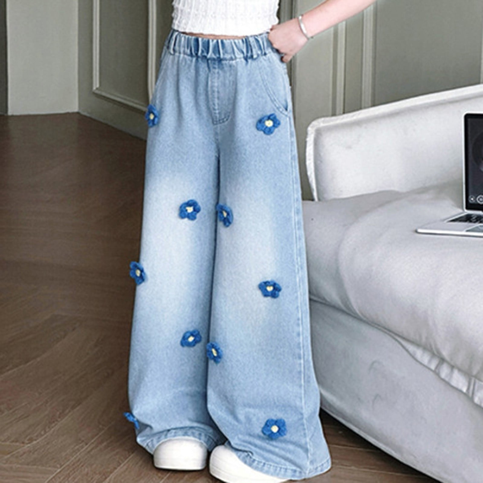 Karoyedx Teen Jeans Girls Baggy Jeans Wide Straight Leg High Waisted Denim Pants Fashion Y2k Boyfriend Skater Streetwear Blue Size,12-13 Years