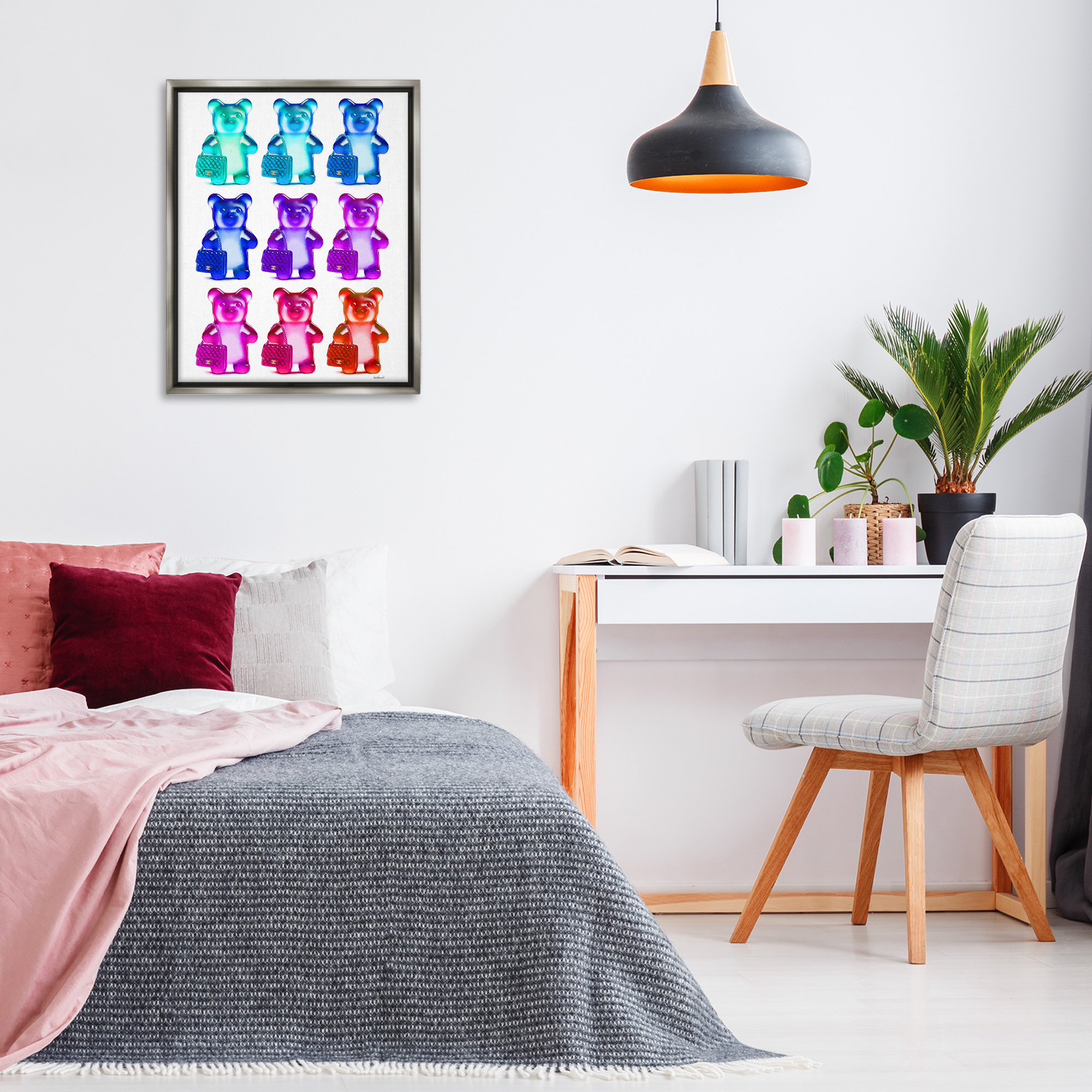 Stupell Industries Bright Hued Bears & Bags Fashion Painting Gray Floater Framed Canvas Art Print Wall Art, 25 x 31