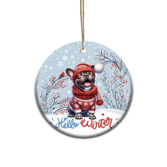 Hello Winter French Bulldog Smiling in Red Scarf Hat Welcome Christmas Ceramic Round Ornament Dog Lover Gifts Home Tree Decor - 00017