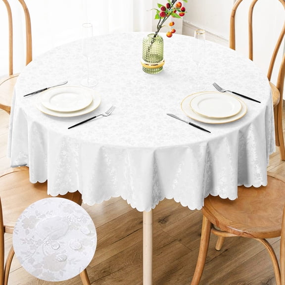 decorUhome Heavy Duty Vinyl Tablecloth, Waterproof Round Table Cloth, Wipeable Floral Dining Table Cover, White, 60"Round