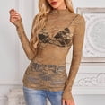 thumbnail image 4 of Women Oversized Tshirt Summer Mesh Layering Shirt Slim Fit Lace Long Sleeve Blouse Women Tops Khaki XXL, 4 of 9
