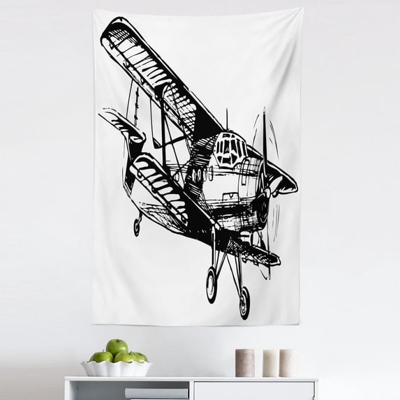 Vintage Airplane Tapestry, Drawing of a Monoplane Sketchy Monochrome Design, Fabric Wall Hanging Decor for Bedroom Living Room Dorm, 5 Sizes, Black and White, by Ambesonne
