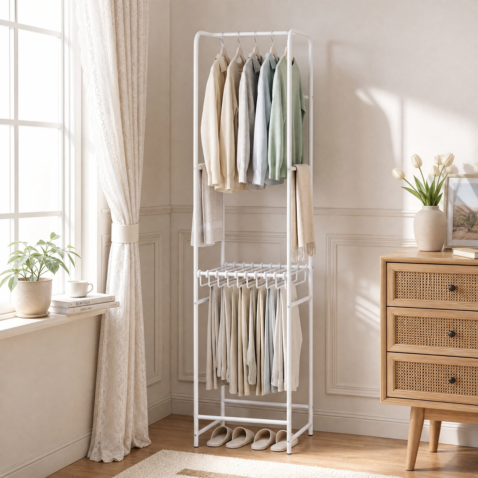 Furnibear Slim 63 Inch Freestanding Coat Rack Stand Garment Organizer with 8 Hanging Rods and 10 Detachable Pants Hangers for Bedroom Closet, White