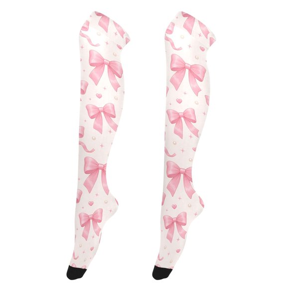 Pink Bows Pearls Fabric High Thigh Socks Over Knee Thin Tights Long Stocking for Women Leg Warmer