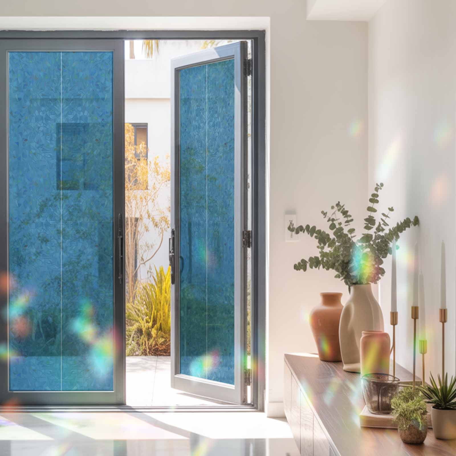 Blue Window Privacy Film Rainbow Static Cling Stain Glass Window Film for Glass Door, Decorative Heat Control UV Blocking Sunroof Decal Sticker for Car Bathroom Home 29.5"x118" Modern Pure Wave Ride