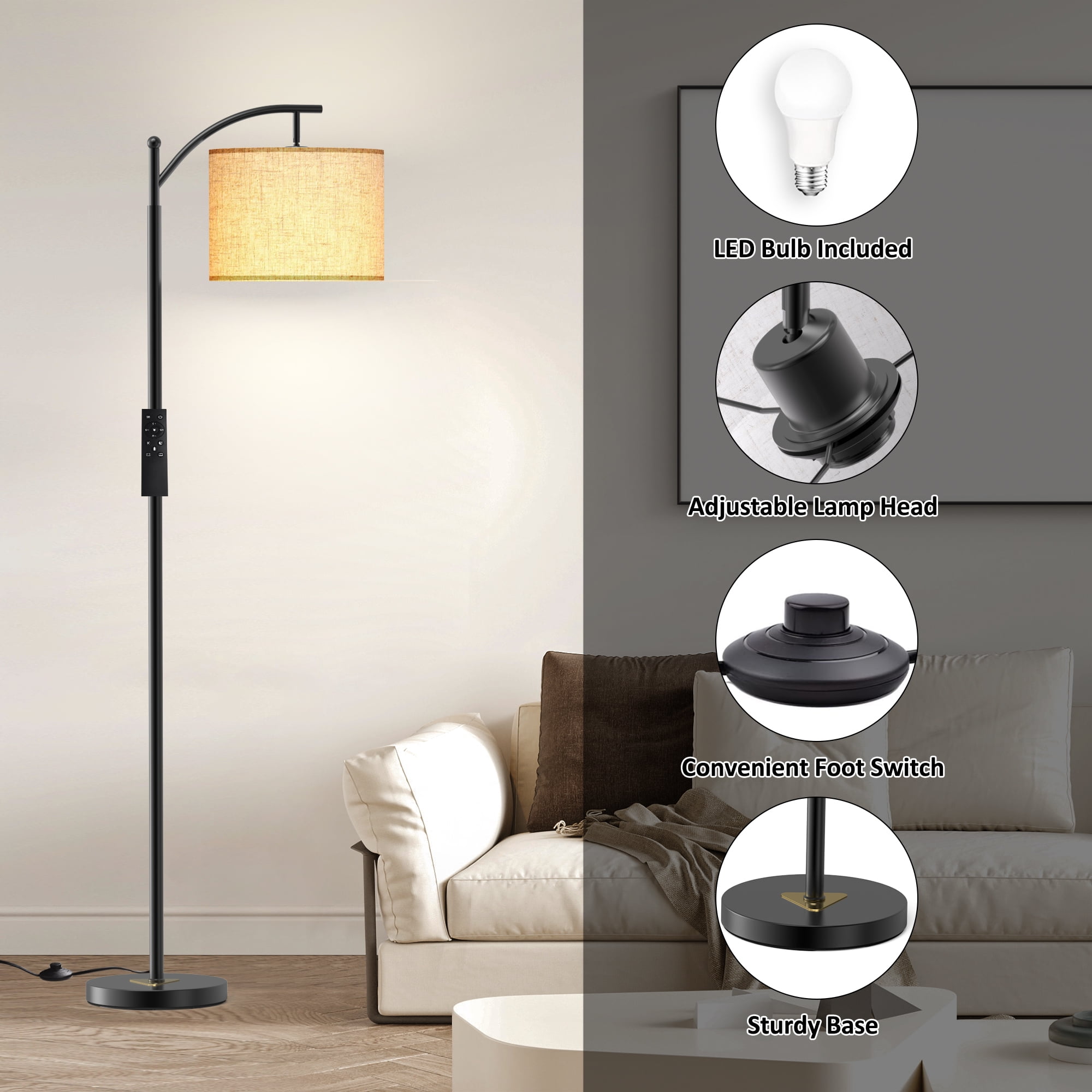 JURULU 62'' Arched/Arc Floor Lamp with Remote Control and Bulb Included,White Lampshade