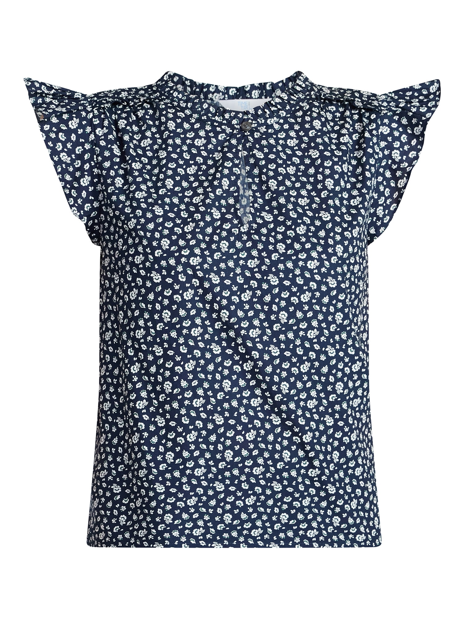 Time and Tru Women's Cotton Split Neck Top with Flutter Sleeves, Sizes XS-XXXL