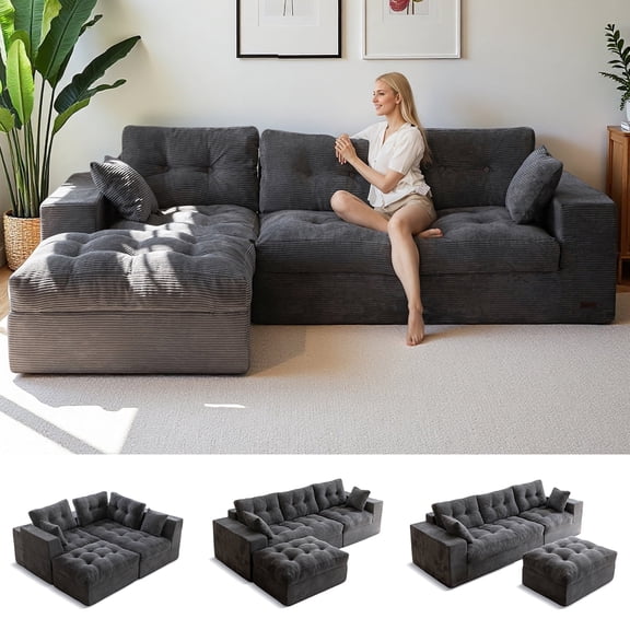 BYBYME 104"Oversized L-Shaped Sectional Sofa Cloud Boneless Modular Couch,Upholstered Sofa with Convertible Left/Right Ottoman for Living Room Bedroom,No Assembly,Dark Grey