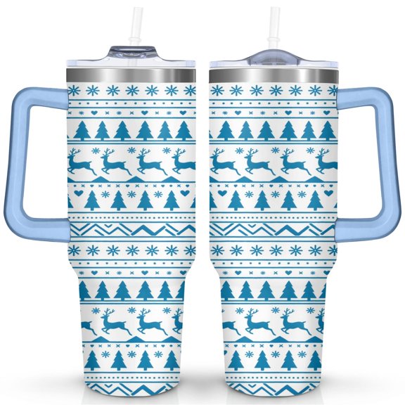 Blue Striped Deer Christmas Tree 40 Oz Tumbler with Handle Lid and Straw Stainless Steel Double Walled Vacuum Insulated Cup Merry Christmas Gifts Tumbler for Women Men Friends Outdoor Indoor