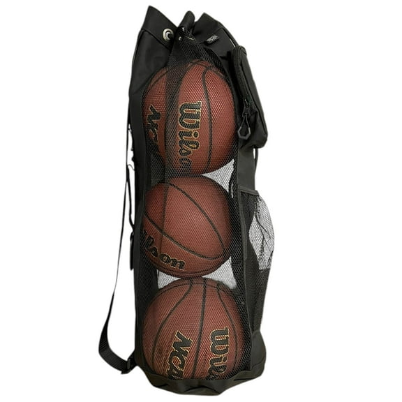 HOTZ Basketball Bag Holds 3 Basketballs Heavy Duty Canvas, Zipper Pouch, ID Holder, Carabiner and Mesh Storage Pocket. For Coaches Parents and Players