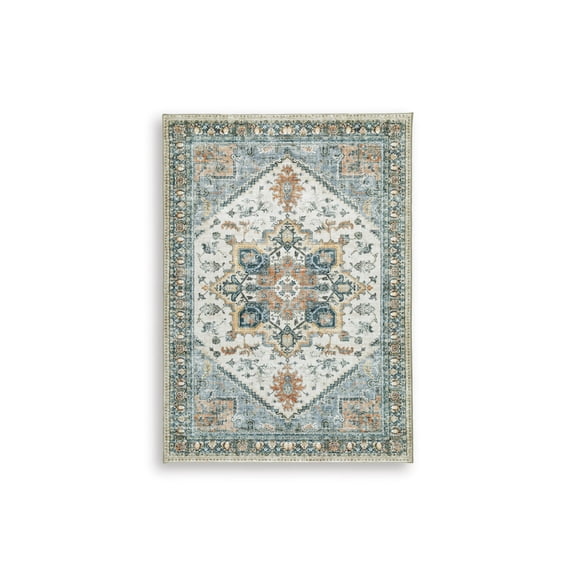 Signature Design by Ashley Wallney 5' x 7' Memory Foam Area Rug, Blue/Ivory Medallion Faux Fur Rug