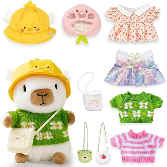10.2 inch White Capybara Plush Toy with 9 Pcs Clothing & Fashion Set - Mix & Match Dress Up Kit, Super Soft Stuffed Animal for Kids Girls Boys