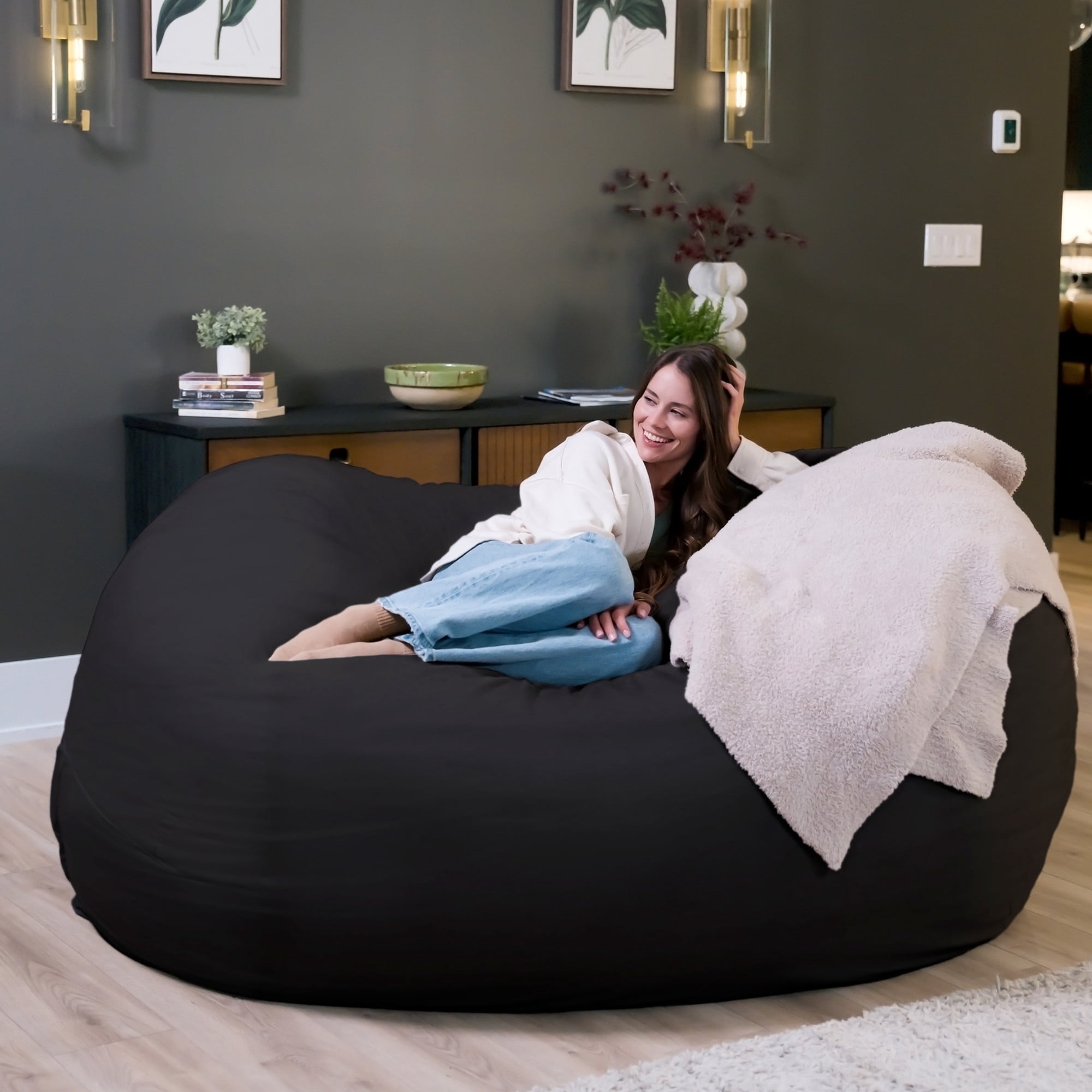 Big Joe Fuf 7Ft Giant Foam Bean Bag Chair, Oversized Couch with Removable Cover for Kids, Teens, Adults, Onyx Lenox, Durable Woven Polyester, 7 Foot
