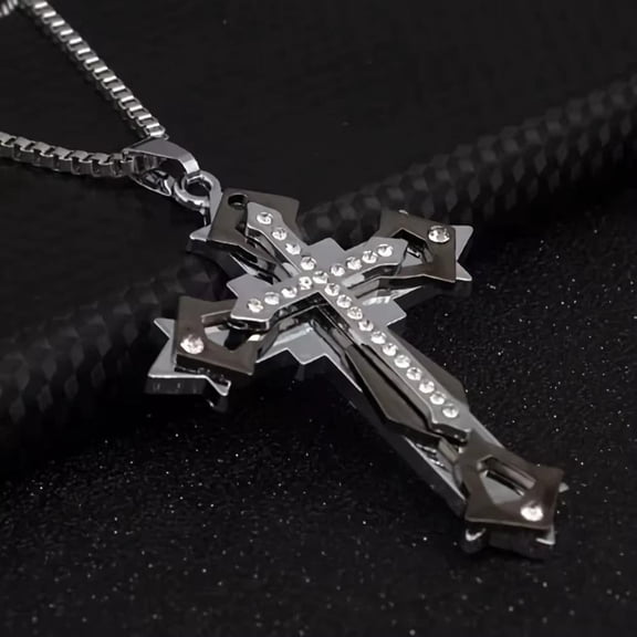 Stainless Steel Necklace Cross Pendant Unisex Mens Box Chain Cz Rinestone N20