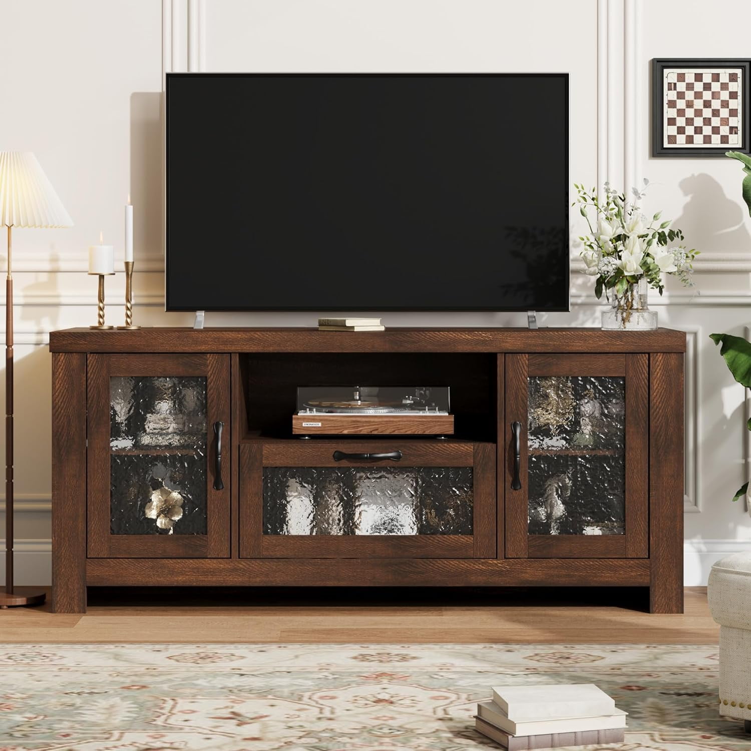 Farmhouse TV Stand with Acrylic Doors for TVs Up to 65 Inch, 55 Inch Entertainment Center with Adjustable Shelves, Soft Close Hinges, Cable Management,Brown