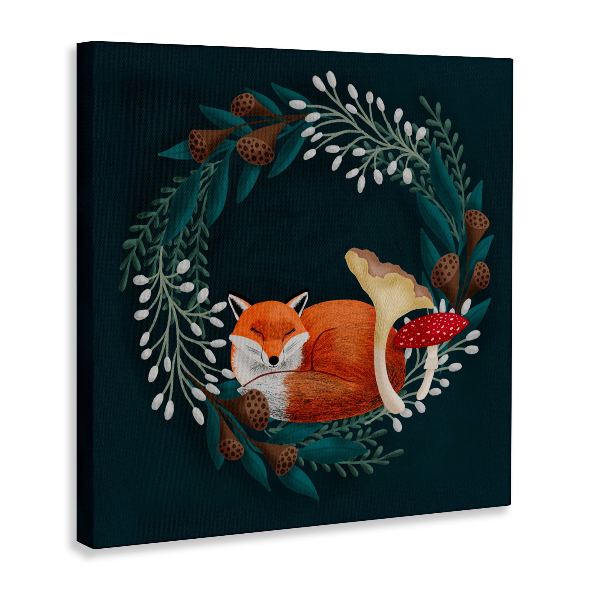 Sleepy Fox in Botanical Wreath Canvas Wall Art, design by Metka Hiti